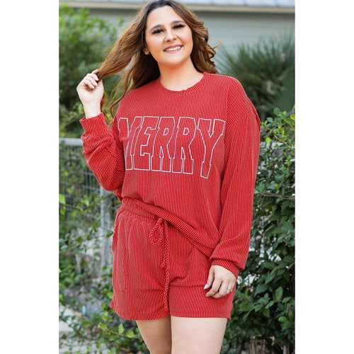 Racing Red MERRY Ribbed Knit Long Sleeve Lace-up Waist Plus Size Set - 3X - Main Image