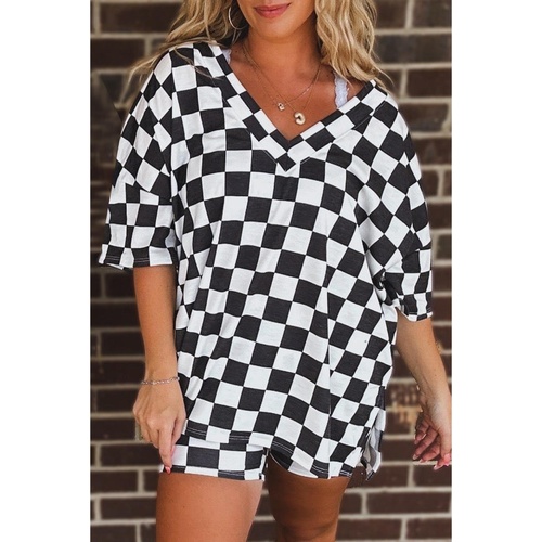 Black Checkered Pattern Tee and Shorts Plus Size Two Piece Set - 2X - Main Image