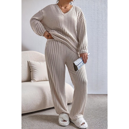 Parchment Plus Size Ribbed V Neck Pullover and Pants Set - 1X - Main Image