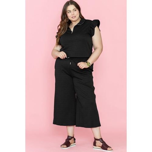 Black Plus Ruffled Sleeve Quarter Zip Top Wide Leg Pants Set - 1X - Main Image