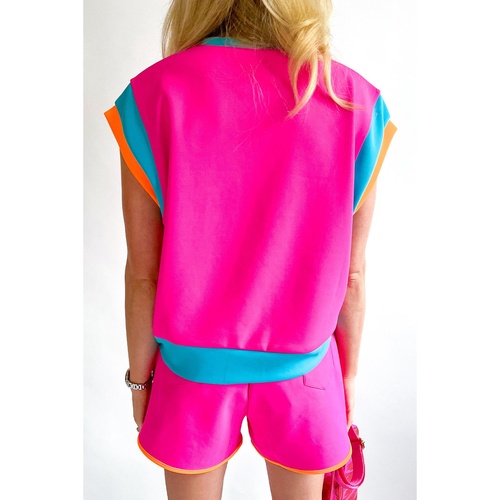 Rose Red Colorblock Patchwork Cap Sleeve Top Plus Size Shorts Set - 1X - Main Image