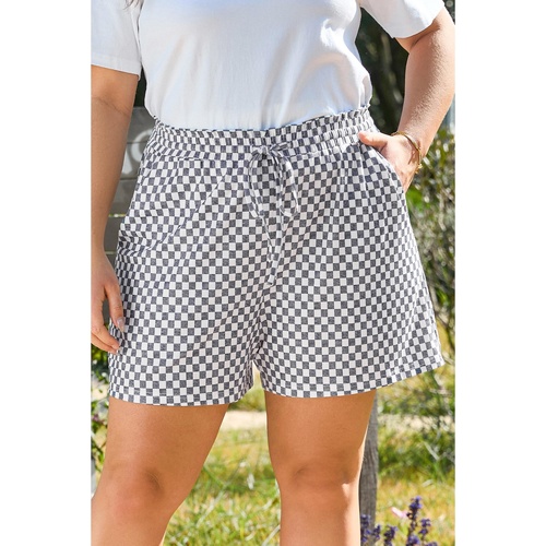 Gray Checkerboard Lace-Up High Waist Plus Size Casual Shorts - 4X - Main Image