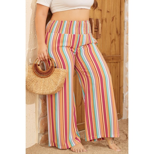 Orange Stripe Plus Size Boho Smocked Waist Loose Pants - 1X - Main Image