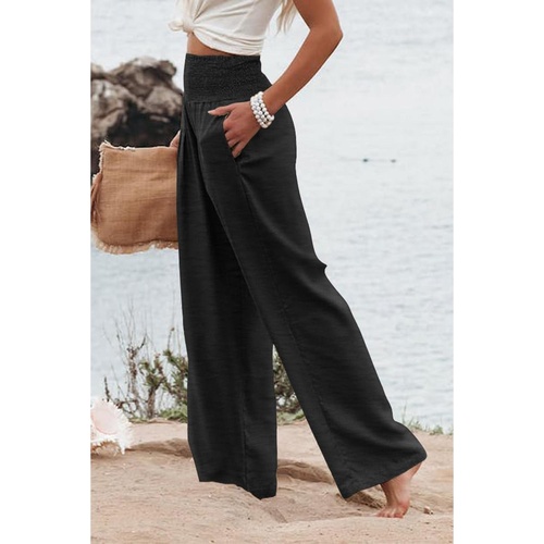 Azura Exchange Black Shirred High Waist Plus Size Wide Leg Pants - 1X - Main Image