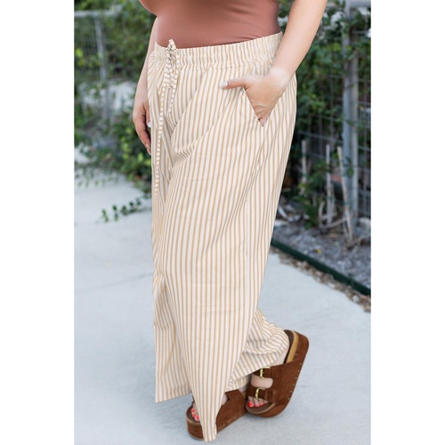 Khaki Stripe Plus Size Drawstring High Waist Wide Leg Pants - 1X - Main Image