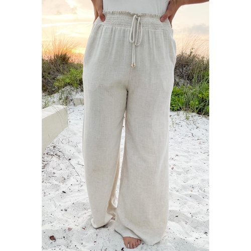 Beige Smocked High Waist Wide Leg Plus Size Pants - 3X - Main Image