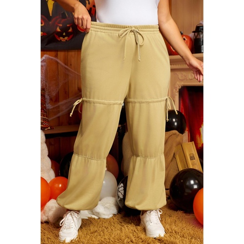 Beige Drawstring Adjusted Band High Waist Plus Size Pants - 1X - Main Image
