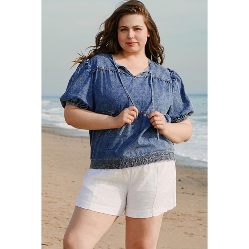 Sail Blue Plus Drawstring V Neck Puff Sleeve Denim Blouse - 1X - Main Image