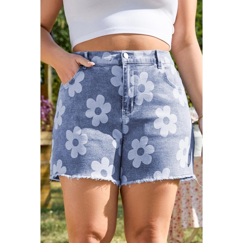 Ashleigh Blue Floral Pattern High Waist Raw Hem Plus Size Denim Shorts - 2X - Main Image