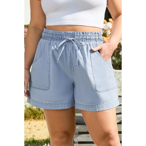 Beau Blue Pocketed Drawstring High Waist Plus Size Denim Shorts - 3X - Main Image
