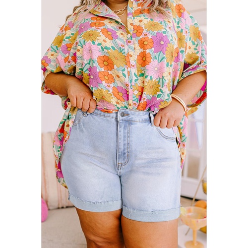 Beau Blue Folded Edge High Waist Plus Size Denim Shorts - 1X - Main Image