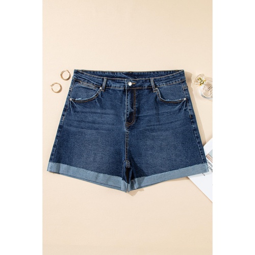 Sail Blue Folded Edge High Waist Plus Size Denim Shorts - 3X - Main Image