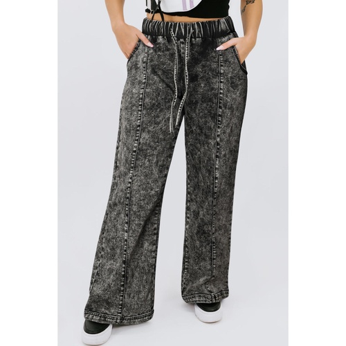 Black Plus Size Tie Dye Drawstring Splicing Wide Leg Jeans - 3X - Main Image