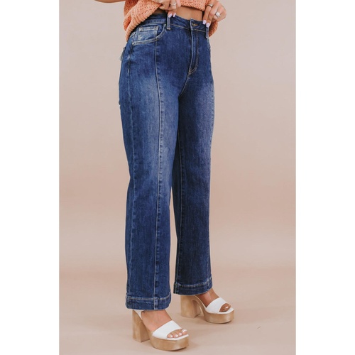 Navy Blue Plus Size Seamed Wide Leg High Waist Jeans - 3X - Main Image