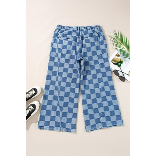 Azura Exchange Dusk Blue Plus Size Checkered Seamed High Waist Wide Leg Jeans - 4X - Main Image