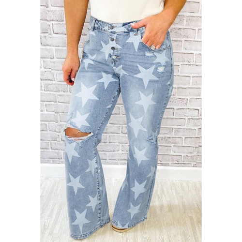 Sky Blue Star Printed Multi Buttons Slit Knee Destroyed Plus Size Jeans - 1X - Main Image