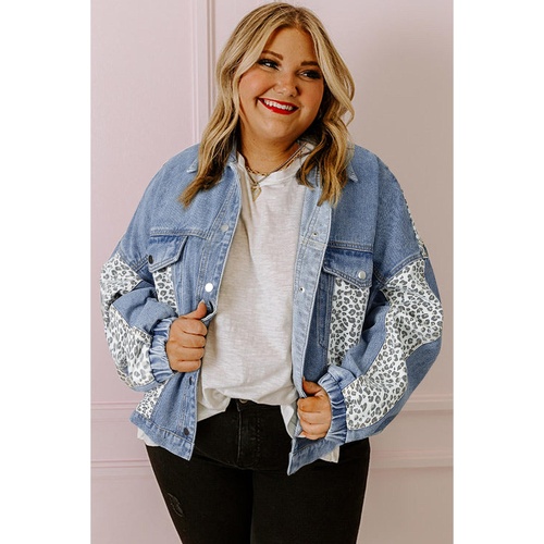 Beau Blue Leopard Patchwork Flap Detail Plus Size Denim Jacket - 2X - Main Image