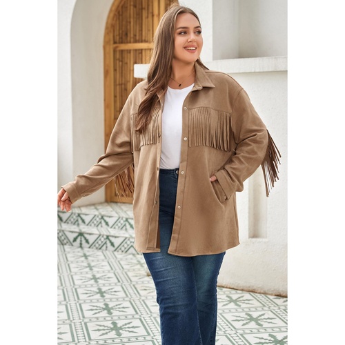 Khaki Fringe Trim Plus Size Suede Shacket - 3X - Main Image