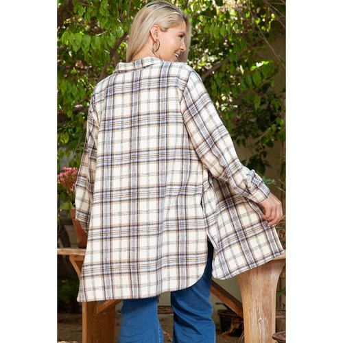 White Plaid Print Tunic Plus Size Shacket with Slits - 1X - Main Image