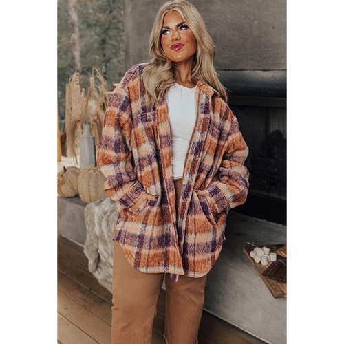 Multicolour Plus Size Plaid Print Collared Button up Jacket - 1X - Main Image