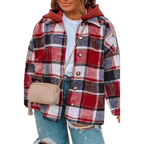 Red Printed Plus Size Plaid Button up Hooded Jacket - 1X - Main Image