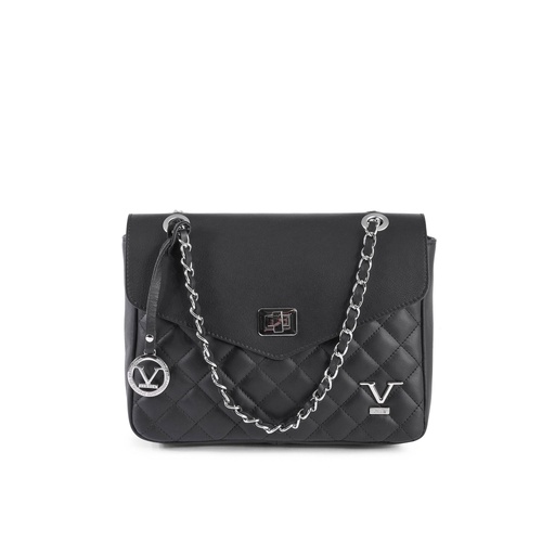 V Italia Womens Quilted Leather Crossbody Shoulder Bag with Chain Strap  Black - One Size - Main Image