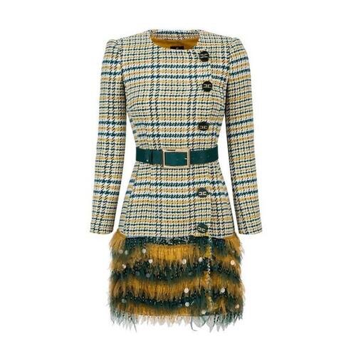 Elisabetta Franchi Tartan Texture Dress with Front Buttons and Ecoleather Belt 40 IT Women - Main Image