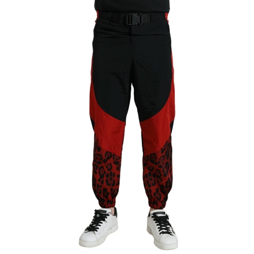 Dolce & Gabbana Men's Black Red Leopard Print Nylon Jogger Pants - 50 IT - Main Image