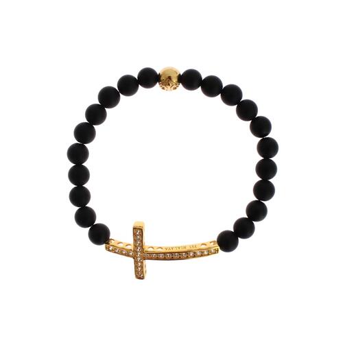 Authentic NIALAYA Bracelet with Matte Onyx Beads and CZ Diamond Cross XS Women - Main Image