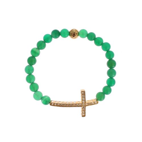 NIALAYA Green Jade Bead Bracelet with CZ Diamond Cross M Women - Main Image