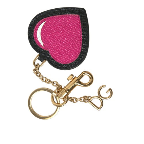 Dolce & Gabbana Women's Pink Black Heart Leather Gold Tone Brass Keyring Keychain - One Size - Main Image