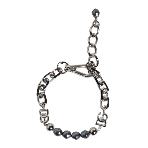 Dolce & Gabbana Men's Silver Tone Chain Lobster Clasp Logo Gray Pearls Bracelet - One Size - Main Image