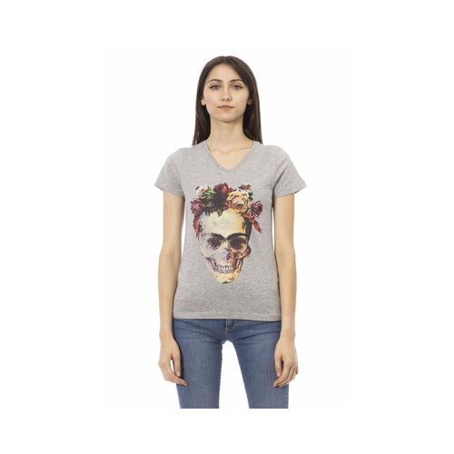 Trussardi Action Women's Elegant Gray V-Neck Tee with Front Print - M - Main Image