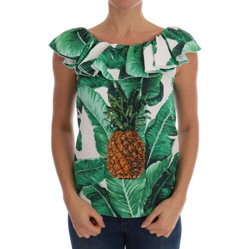 Cap Sleeve Blouse Top with Ruffled Neckline and Sequined Pineapple Embroidery 36 IT Women - Main Image