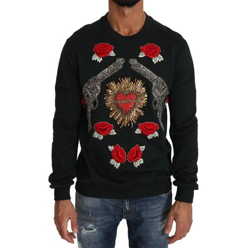 Dolce & Gabbana Green Cotton Crystal Heart Roses Embroidered Pullover Sweater 48 IT Men - Main Image