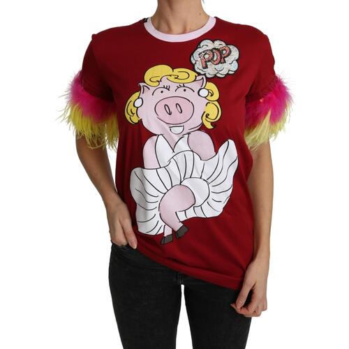 New Dolce & Gabbana Short Sleeves Crew Neck T-shirt with Pig Print Embroidery 40 IT Women - Main Image