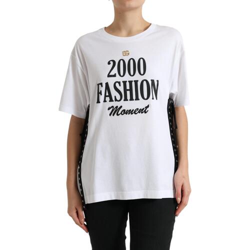 Dolce & Gabbana Women's White Slogan Print Lacing Detailed T-shirt - 36 IT - Main Image