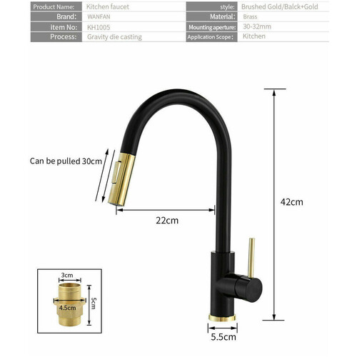 2023 Brushed Gold Spout Matte Black pull out with spray function kitchen mixer tap faucet - Main Image