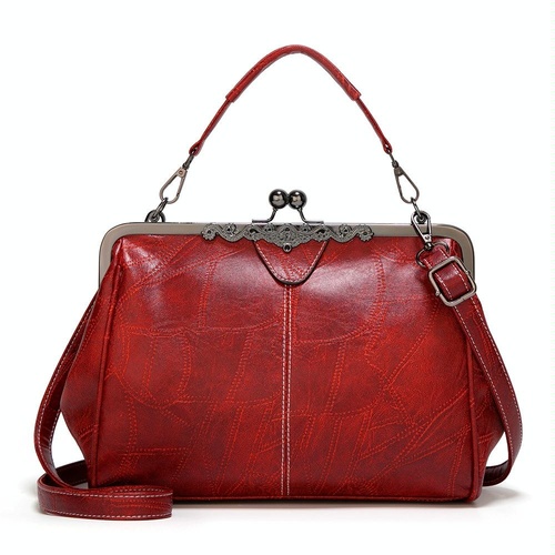 Adjustable Leather Crossbody Bag with Vintage Buckle - Red - Main Image