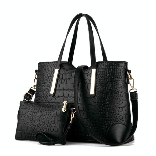 Vintage 2-in-1 Messenger Bag with Crocodile Pattern and Leather Wallet - Black - Main Image