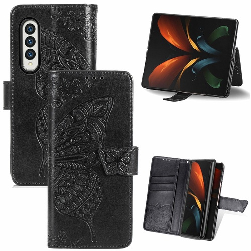 Embossed Butterfly Love Leather Case for Samsung Galaxy z Fold 4 - Flower Design - Black - Main Image