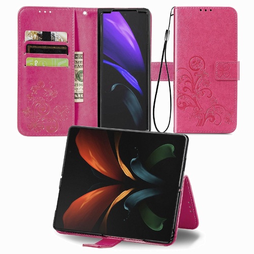 Embossed Leather Phone Case for Samsung Galaxy z Fold 4 with Four Leaf Clasp - Magenta - Main Image