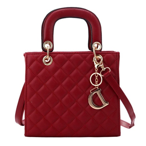 Leather Crossbody Bag with Rhombus Pattern for Women - Red - Main Image
