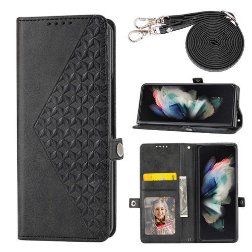 Leather Grid Texture Phone Case with Lanyard for Samsung Galaxy z Fold 4 - Black - Main Image