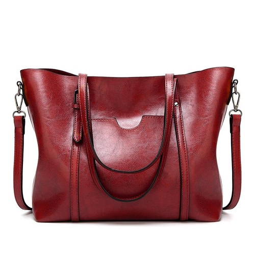 Stylish All-match Leather Handbag - Wax Finish - Wine Red - Main Image