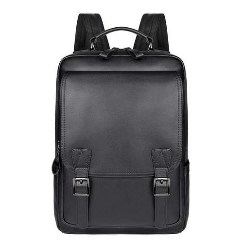 Men Black Cowhide Leather Backpack for Casual Business with Laptop Compartment - Main Image