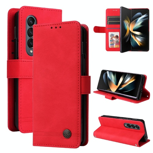 Metal Button Leather Case for Samsung Galaxy z Fold 4 / 5g - Tree Design - Red - Main Image