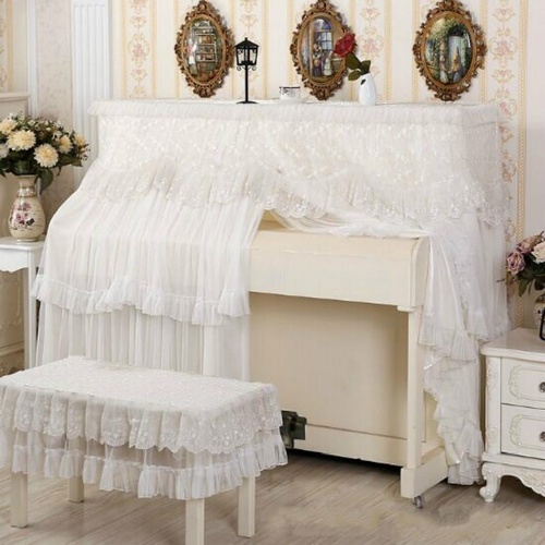 White Lace Piano Dust Cover - Embroidered Full Size Double Seats 153x33x120 - Main Image