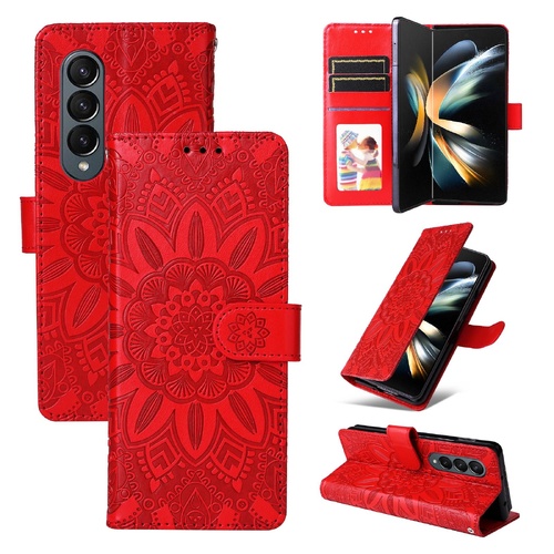 Sunflower Embossed Leather Phone Case for Samsung Galaxy z Fold 4 / 5g - Red - Main Image