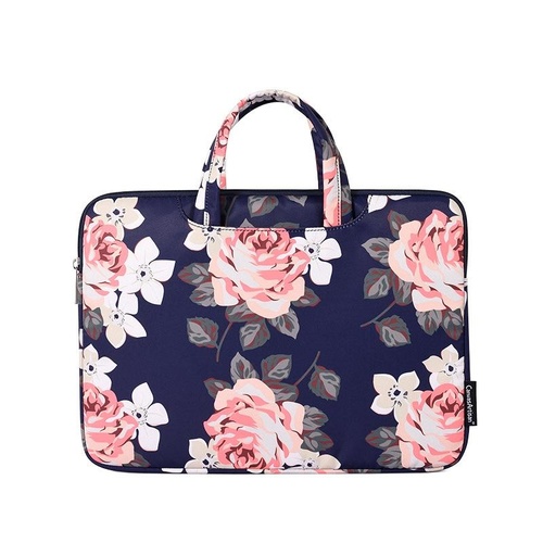 15 Inch Laptop Case Bag with White Rose Pattern and Handle - Blue - Main Image